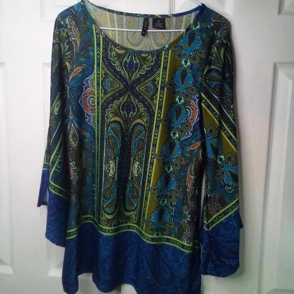 New Directions Blouse Women S 3/4 Open Bell Sleeve Paisley Pattern Green Blue